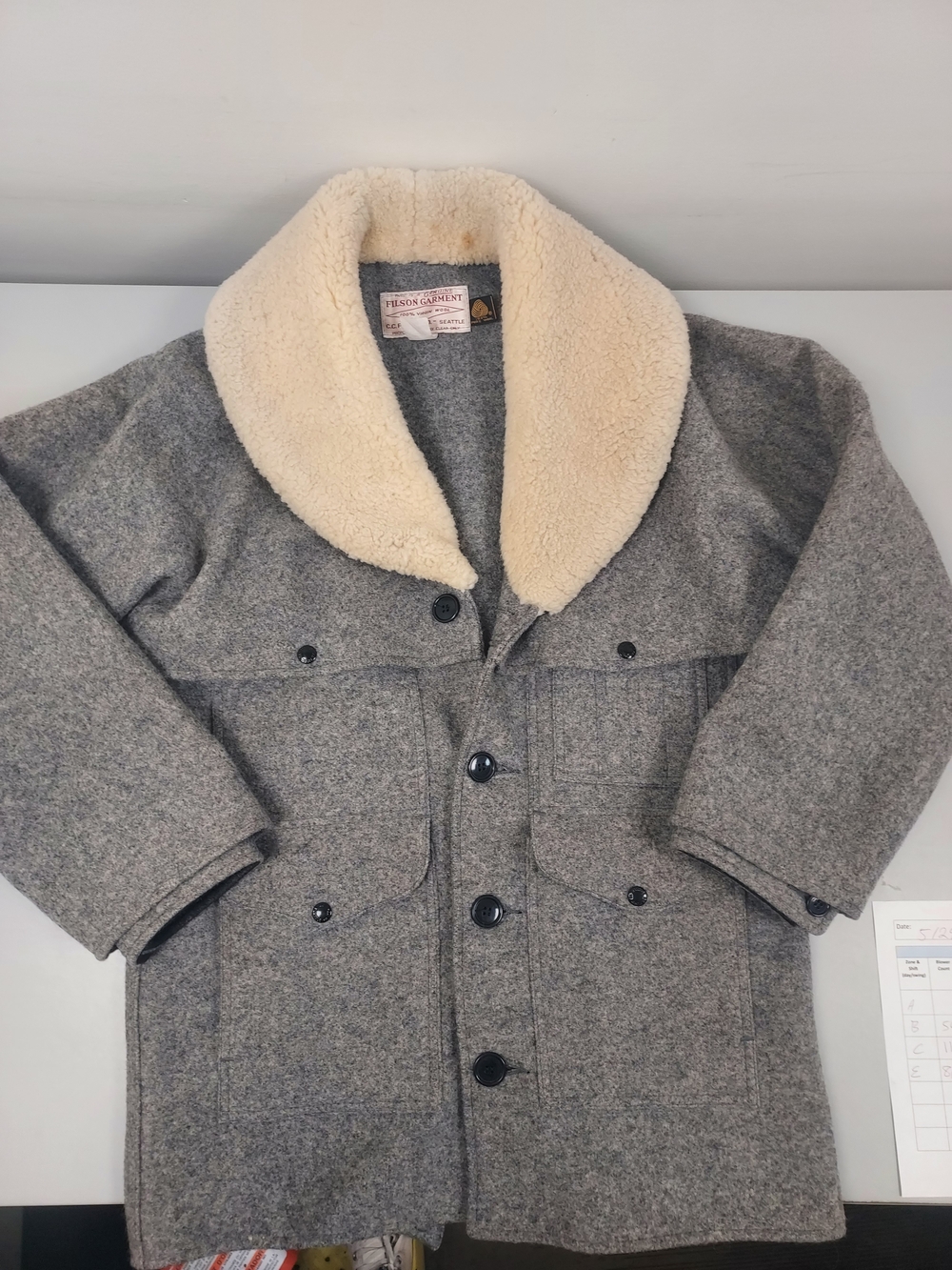 Filson Mackinaw Gray Wool Packer Coat Jacket with Cream Sherpa Collar